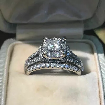1.8Ctw White Princess Cut Simulated Diamond Wedding Ring Matching 925 Silver Set • $100