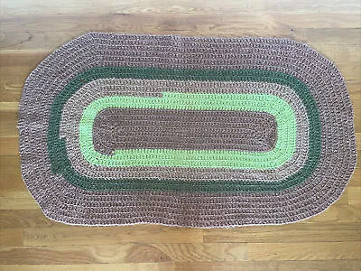 ~ Vintage MCM 46  Handmade Oval Colonial Brown Rug With Green Stripes Farmhouse • $20