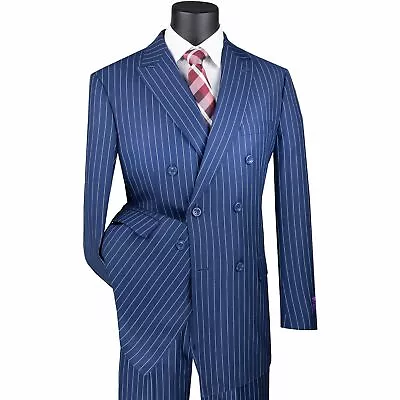 VINCI Men's Blue Pinstripe Double Breasted 6 Button Classic Fit Suit NEW • $100