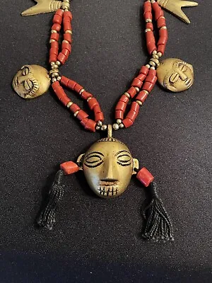 Head Hunter Necklace Brass Heads Tribal Warrior Red Trade Beads Naga • $260