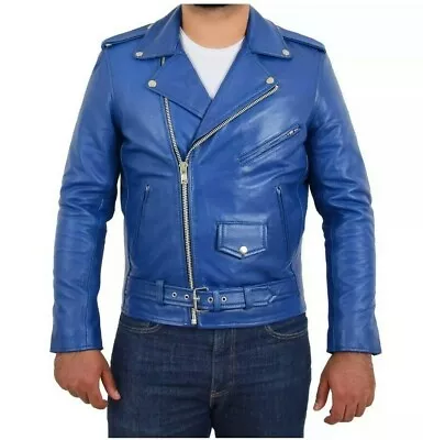 Mens Brando Genuine Leather Jacket Motorcycle Perfecto Blue Marlon Jacket New • $119.71