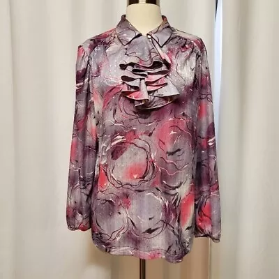 Vintage Ruffle Front Collar Purple Gray Floral Shaker Sport Blouse 8 • $49.99