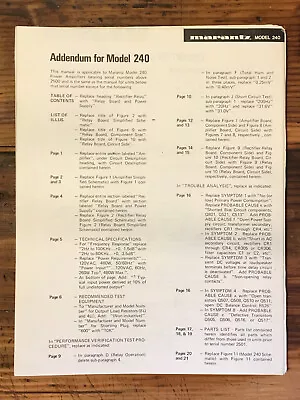 Marantz Model 240 Amplifier Service Manual Addendum *Original* • $19.97