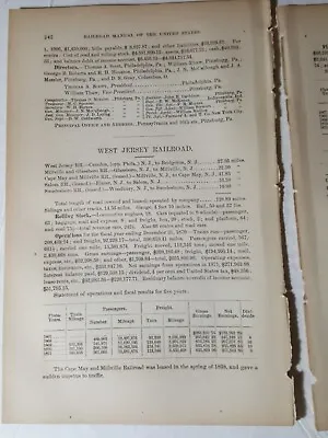 1873 Original Train Report WEST JERSEY RAILROAD Bridgeton Millville Elmer NJ • $10.95