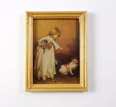  Dollhouse Miniature  Framed Child W/ Cat Artwork Picture B3328 • $5.99