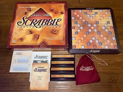 SCRABBLE DELUXE Crossword Game 1999 Rotating Turntable-Maroon Tiles-Score Cards • $25