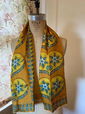 Vintage Vera Neumann Silk Scarf Rectangle Gold Blue Medallion Paisley Butterfly • $19.50