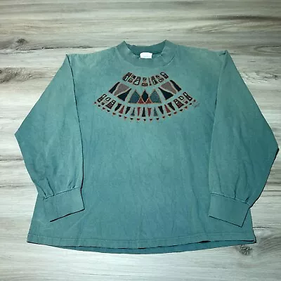 Vintage Aztec Shirt Mens Large Green Long Sleeve Western Mock Neck Heavy 90s • $18.88