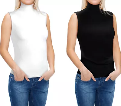 Women Mock Turtleneck Ribbed Tank Top Sleeveless Stretch Slim Fit Black White HL • $16.79