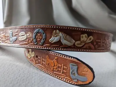 Vintage HAND TOOLED Buckle Belt 34 Handcrafted WESTERN Cowboy RANCHER Allover • $49.95