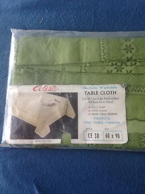Green Floral Retro Vinyl 60x90 Oblong Celeste Vinyl Table Cloth-Lace-Like Embr. • $19