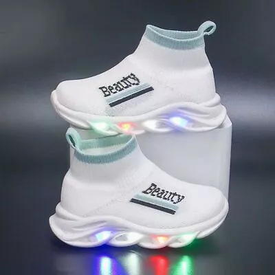 Girls Boys LED Sock Knitted Flat Sneakers Sport Shoes Flashing Light Up Trainers • £14.97