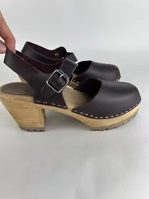 MIA Swedish Abba Clogs Brown Leather Platform Wood EU 39 US 9 • £48.21