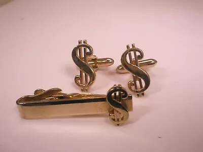 $ Dollar Sign Money Gold Tone Vintage SWANK Cuff Links & Tie Bar Clip • $35.49