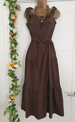£12.99 • Buy Vintage Style Brown Tiered Dress M 10 Cotton Blend Belted Smock Dress Boho Hippy