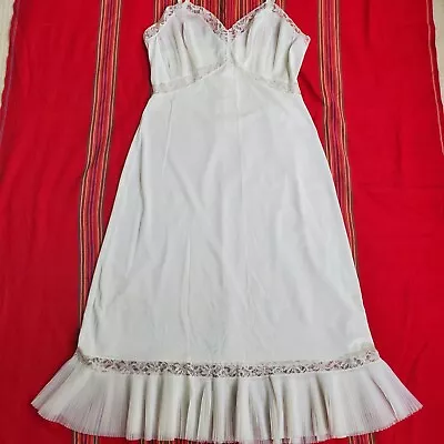 Vintage White Slip Dress Women's Size M? Tea Length Peated Hem Adjustable Straps • $22