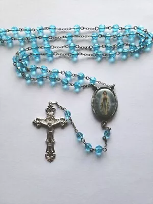 Vtg Blue Glass Rosary Beads 22 In Mary Miraculous Cntr Medal Crucifix Chapel  • $14