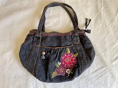 Accessorize Handbag Midnight Blue Denim With Flowery Embroidery • £4.99