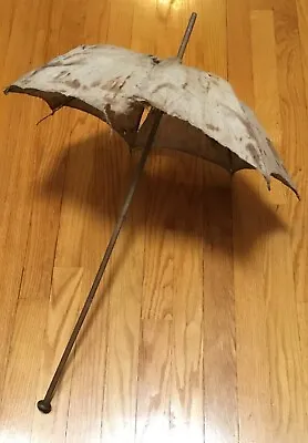 Antique Victorian Linen Umbrella  Parasol Dainty 25” Long Wooden 12” Cotton Top • $15.99