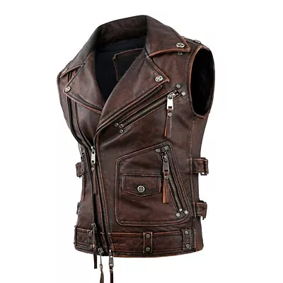 Men’s Genuine Cow Biker Brando Vest Sleeveless Asymmetrical Rider Leather Jacket • $139