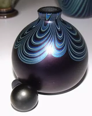 OKRA Iridescent Blue Nebula Swirl Glass Perfume Bottle 8.5cm Unsigned • £39.95