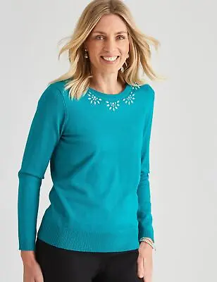 NONI B - Womens Jumper -  Winter Sweater - Blue Pullover - Embellished Neck • £15.35