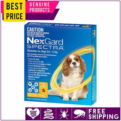 NEXGARD SPECTRA Heartworm Flea Control For Dogs 3.6 To 7.5 Kg YELLOW 3 Doses • $67.49