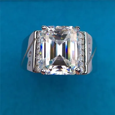 3.00Ct Emerald Cut Real Moissanite  Hidden Halo Men's Ring 14K White Gold Plated • $223.03