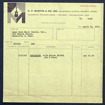 1963 Vintage HANK SNOW Receipt From MARTIN To REPAIR D-28 GUITAR /Grand Ole Opry • $126.37
