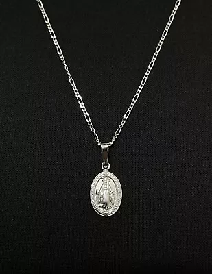 Sterling Silver Virgin Mary Pendant With 16” Silver Figaro Chain • $29