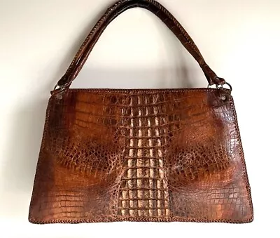 VTG Tan Antique Alligator Crocodile Skin Leather Handbag Purse Unique Medium • $34.95