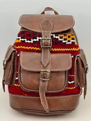 Handcrafted Moroccan Leather Bag Backpack Boho Chic Kilim Carpet Rug Small • $59.99