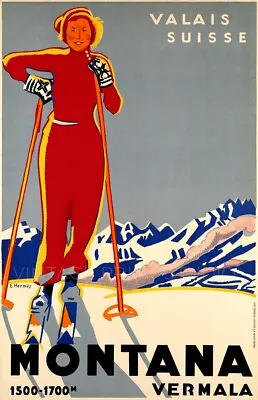 Montana Vermala 1935 Swiss Ski Snow Travel Art Deco Giclee Canvas Print 11x17 • $28.95