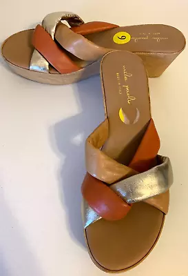 Mila Paoli Women's Shoes Gold Orange Brown Strappy Open Toe Wedge Sandals Size 9 • $12.95