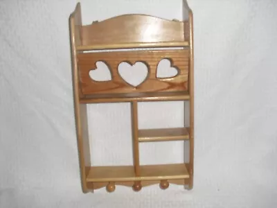 Vintage  Wooden Wall Shelf With  Cut Out Swinging HEART And Coat Pegs • £15.68