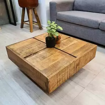 MANGO TREES Square Retro Coffee Table Rough Finish Solid Mango Wood 68cm • $561