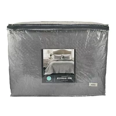 Martha Stewart Collection Embroidery Silky Satin KING Bedspread GRAY • $82.80
