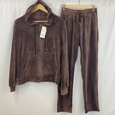 Womens Brown Velvet Velour Hooded Joggers Loungewear 2PCS Tracksuit Set Size M/L • £19.99