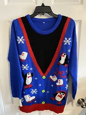 Ugly Christmas Sweater Pullover Blue Penguin Faux Vest Adult Medium Size • $24.89