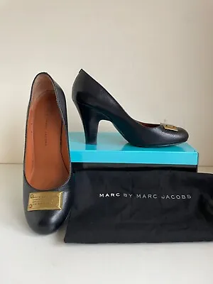 Marc By Marc Jacobs Black Leather & Brass Trim Heel Court Shoes Size 5/38 • £75