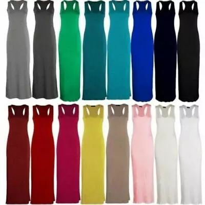 Womens Racer Maxi Dress Jersey Long Summer Muscle Vest Maxi Back Size 8-26 • £6.74