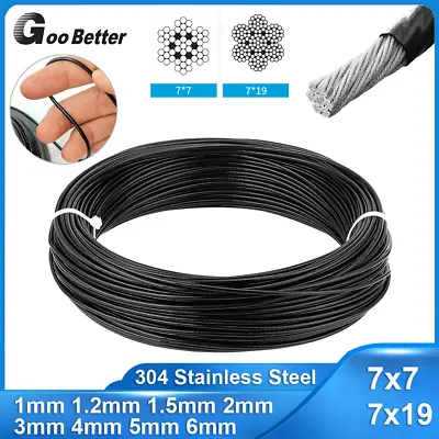 Black PVC Coated Stainless Steel Wire Rope Cable Rigging 11.21.523456mm • £233.79