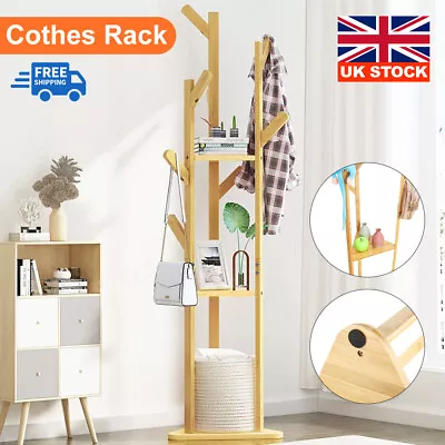 Wooden Coat Hat Hanger Stand 9 Hook Floor Standing Clothes Bags Umbrella Rack UK • £24.19