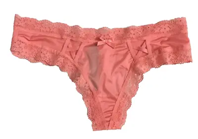 Victorias Secret Coral Lace-up Thong Panty Size M Very Sexy Scalloped Lace Trim • $25.50