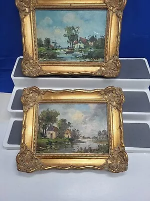 Vintage Signed HANSELMAN Oil Paintings On Board Windmill Houses Landscape Water • $115