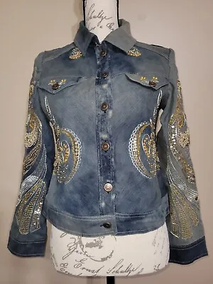 Chico's 0 Blue Acid Wash Denim Embroidered Jean Jacket Gold Beaded Sequin Small • $149