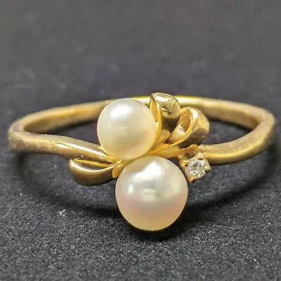 795 Mikimoto Akoya Pearl Diamond Ring 18k Yellow Gold Made In Japan 1992~2010s • £281.23