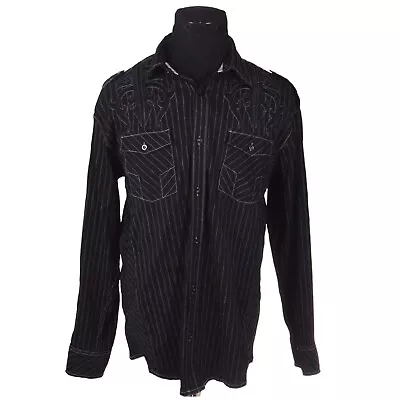 Roar Buckle Mens Shirt XL Black Grey Striped Embroidered Pockets Stretch Blend • $24.99