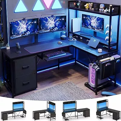 L Shaped Gaming Desk With Power Outlet&Led Strip Reversible Corner Computer Desk • $179.97