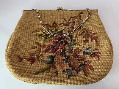 Large Vintage 1960’s  Floral Handmade Needlepoint Bag Purse Goldtone Closure • $75